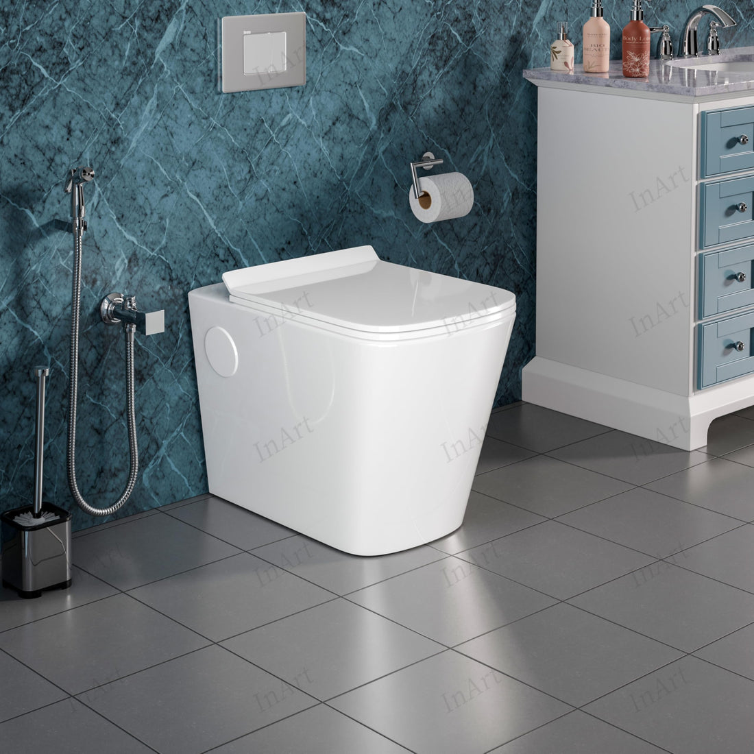 Cera single piece commode by InArt in glossy white ceramic, elongated one-piece western toilet front view