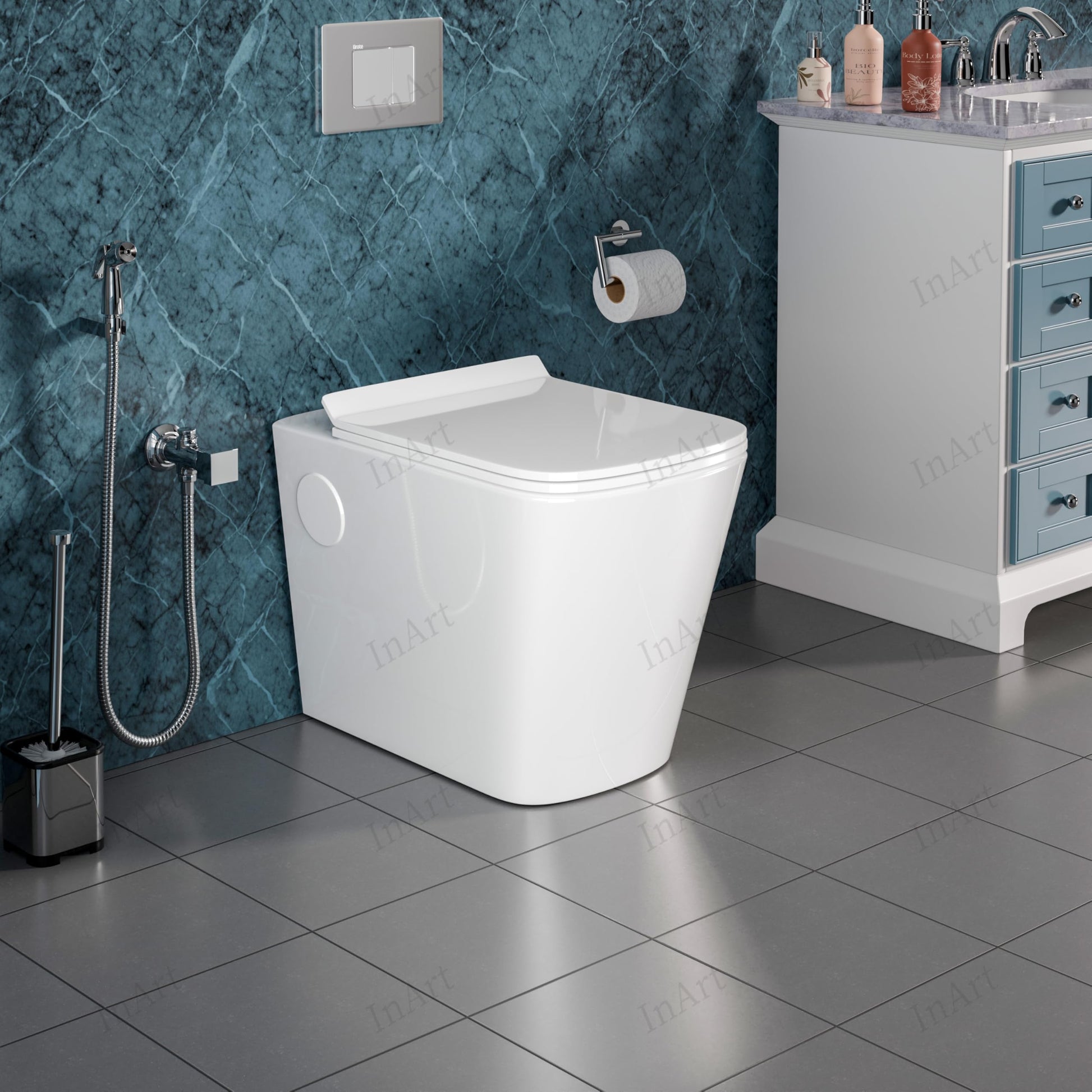 InArt one piece western toilet single piece, glossy white ceramic commode side angle with soft close seat