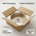 Packaging-protected round glass wash basin with foam safety for transit and installation check