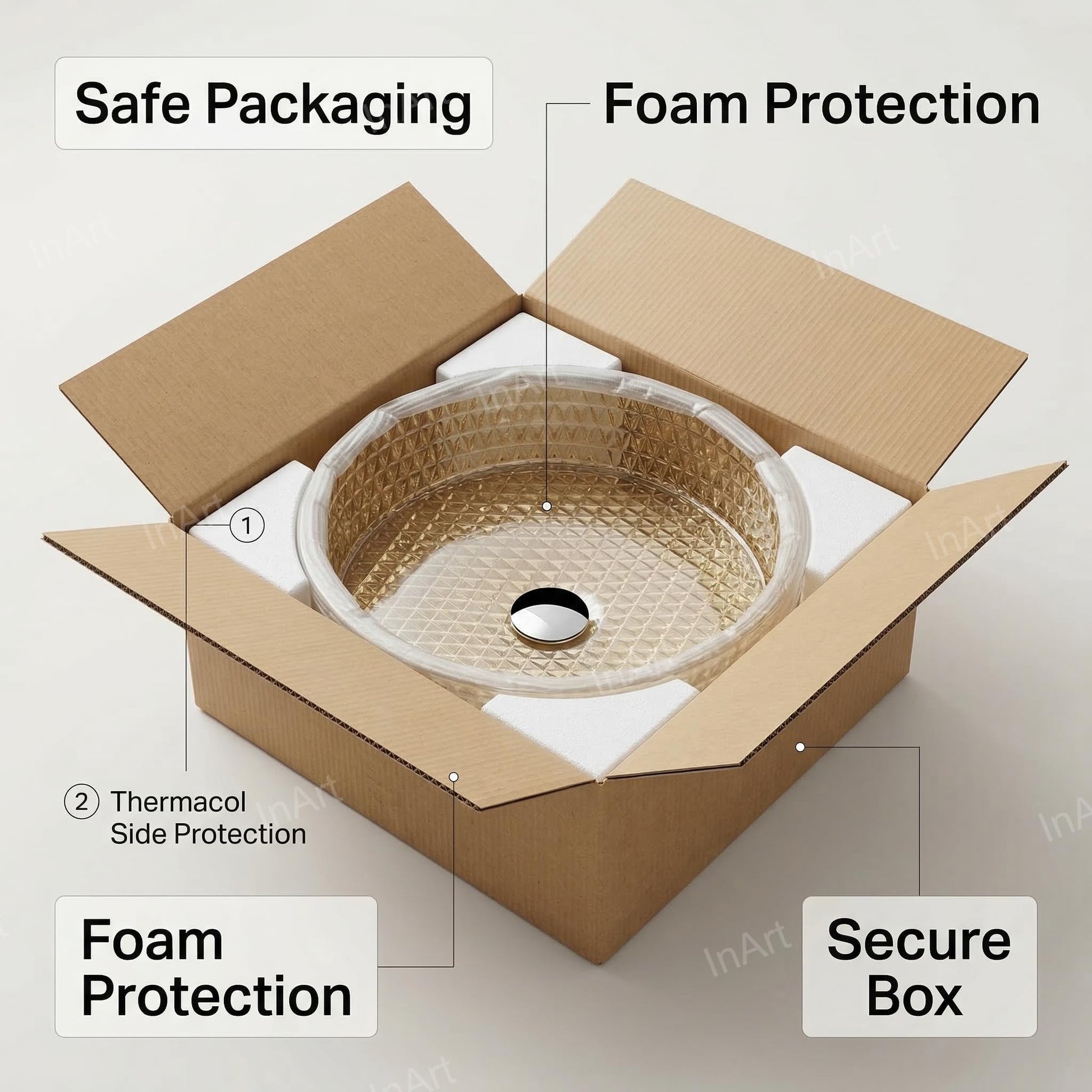Packaging-protected round glass wash basin with foam safety for transit and installation check