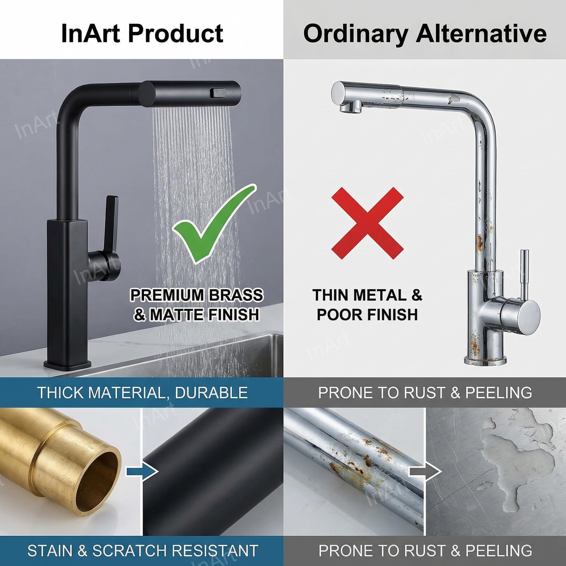 Flexible hose and pull out tap for kitchen sink shown extended, spray for tap function detail