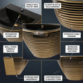 InArt ceramic wall hung wash basin design in black with gold stripes, side angle view with half pedestal