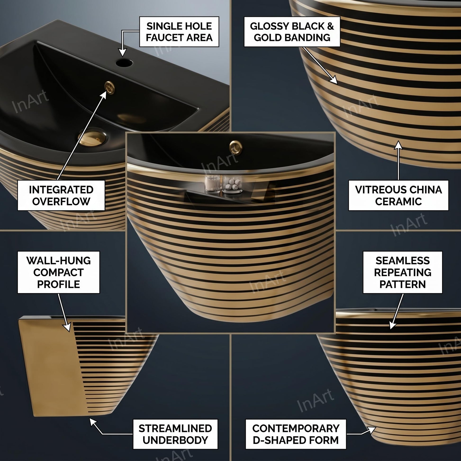 InArt ceramic wall hung wash basin design in black with gold stripes, side angle view with half pedestal