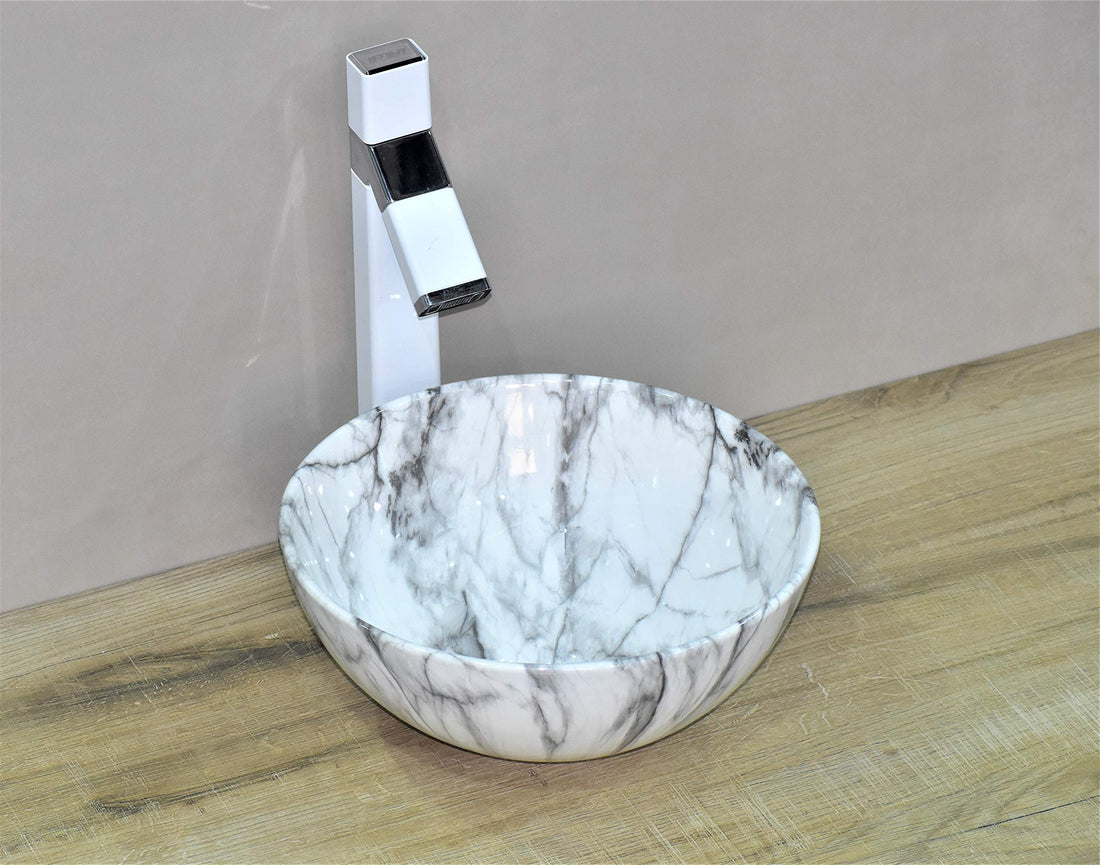 InArt ceramic table top wash basin, square 36x36 cm in white marble finish, front view