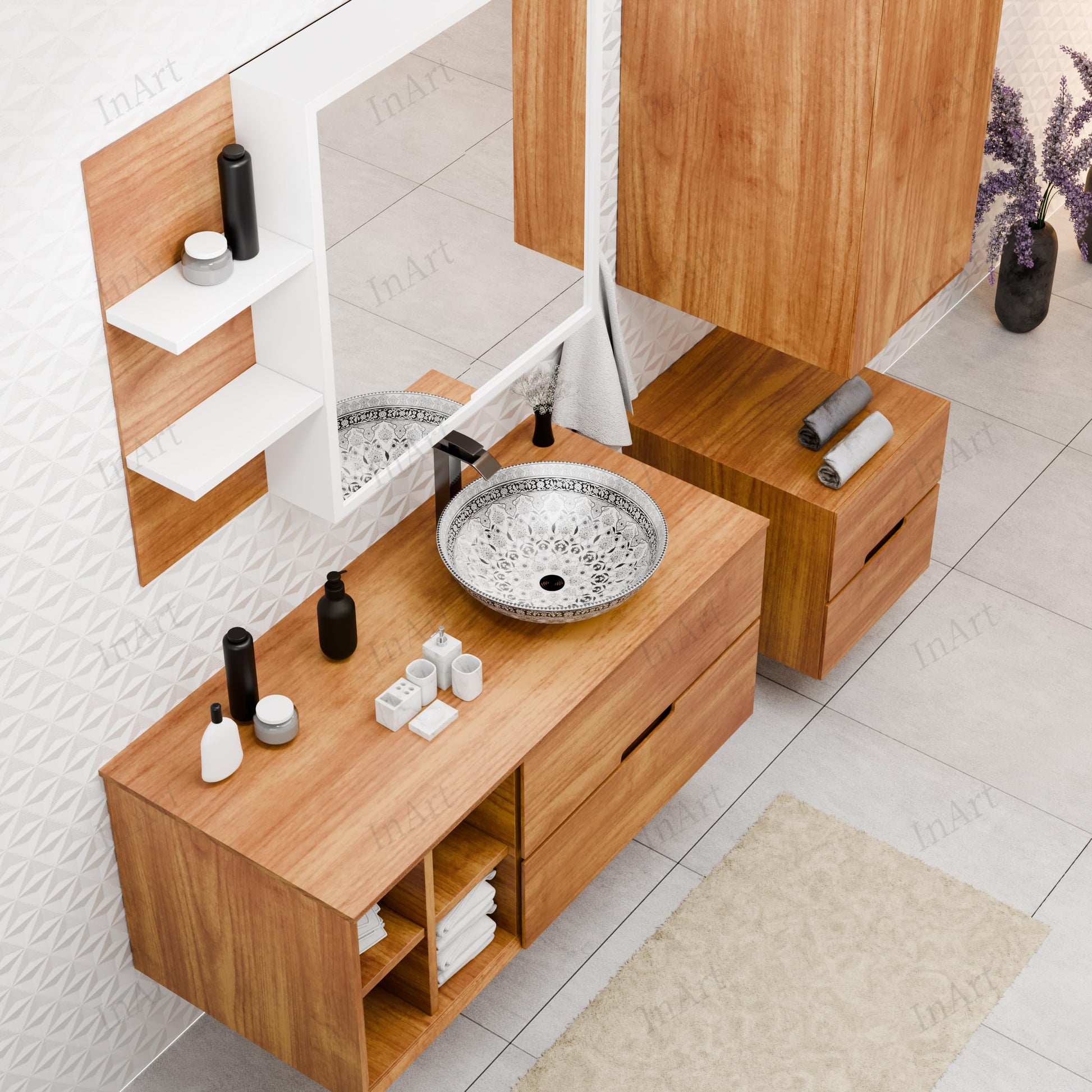 InArt luxury wash basin with Mexican design, glossy ceramic square basin close-up of pattern