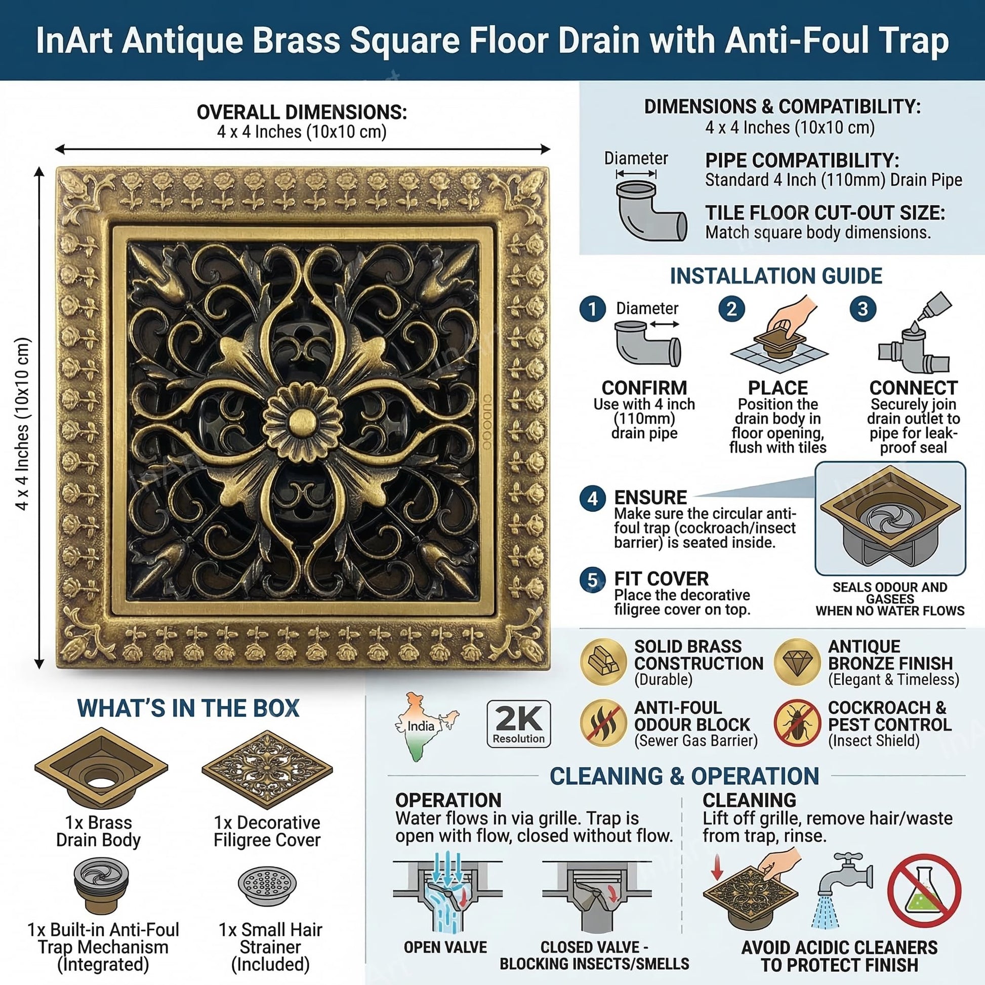 InArt brass floor drain jali for kitchen sink area, 4 inch pipe fit with anti-odour cockroach trap