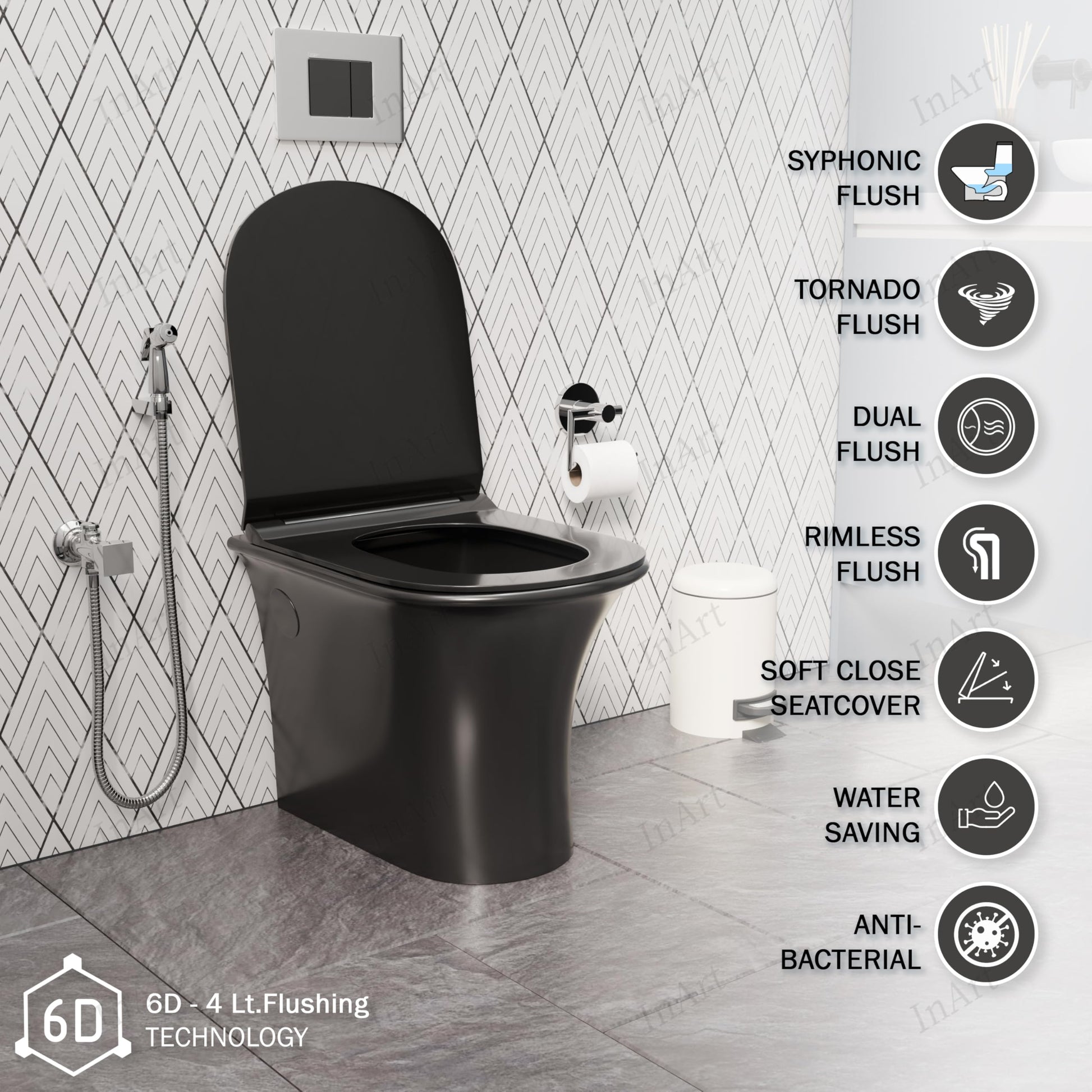 Black one piece western toilet price option, glossy black ceramic WC pan with soft close seat, angled view