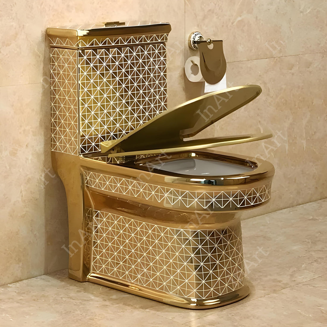 Cera single piece commode by InArt in gold ceramic, elongated one piece western toilet front view