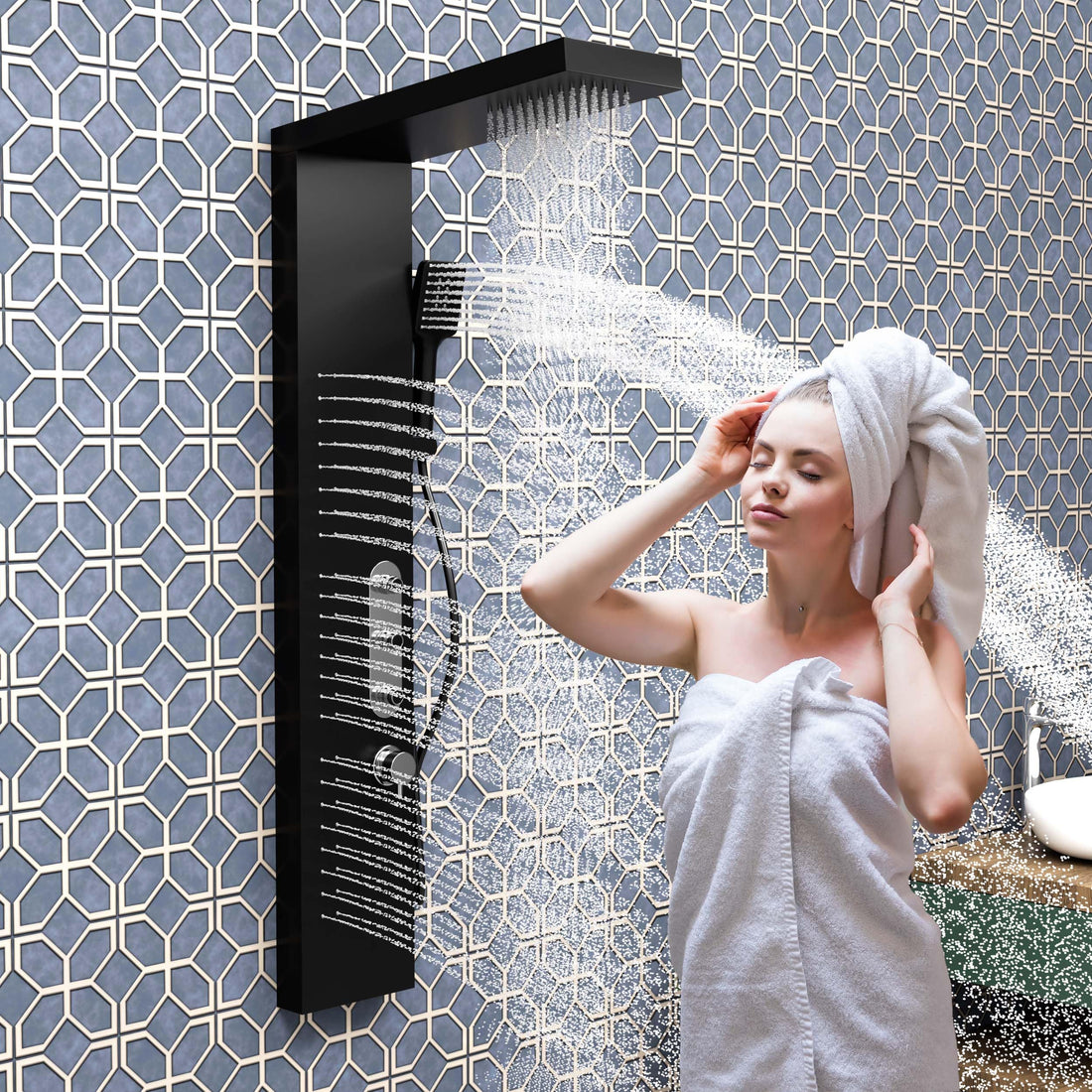 InArt fuz contemporary shower panel tower system in 304 stainless steel, rectangular matte black front view
