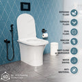 8 inch S trap western toilet, rear angle view of outlet and rimless one piece WC pan in glossy white