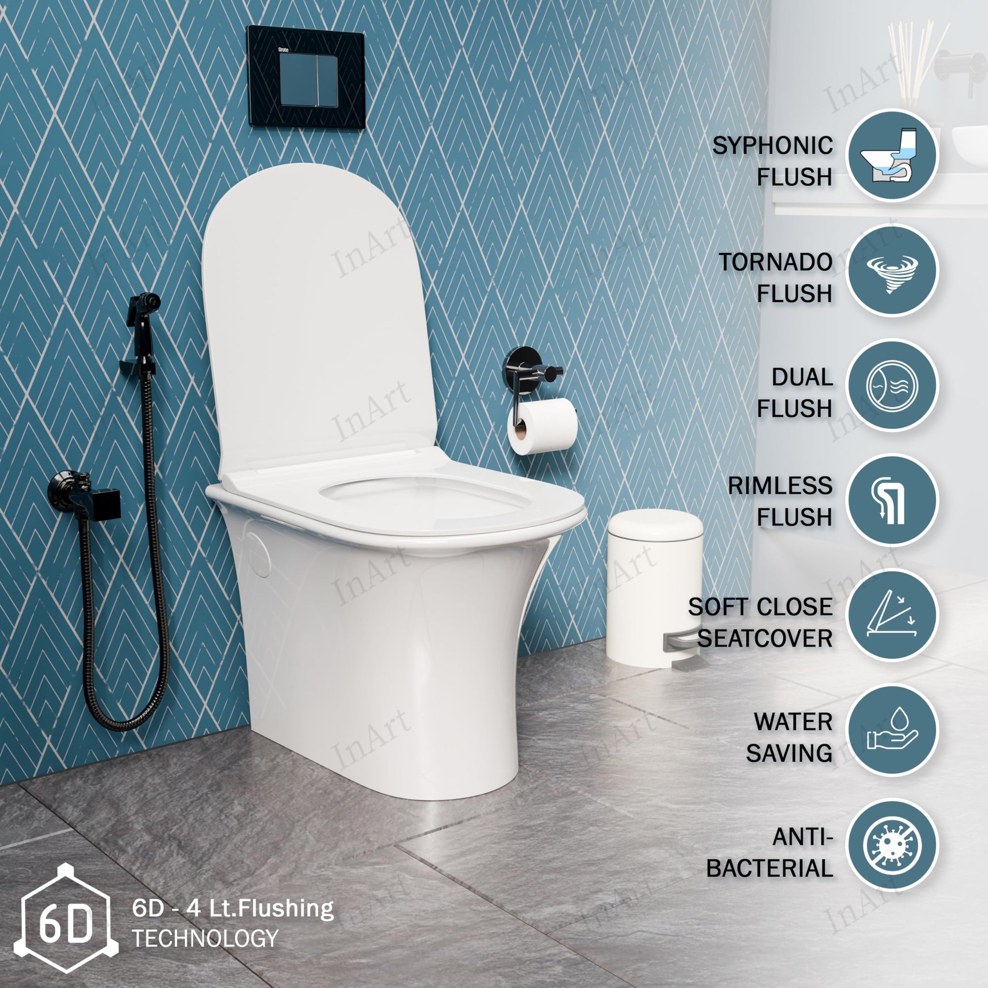 8 inch S trap western toilet, rear angle view of outlet and rimless one piece WC pan in glossy white