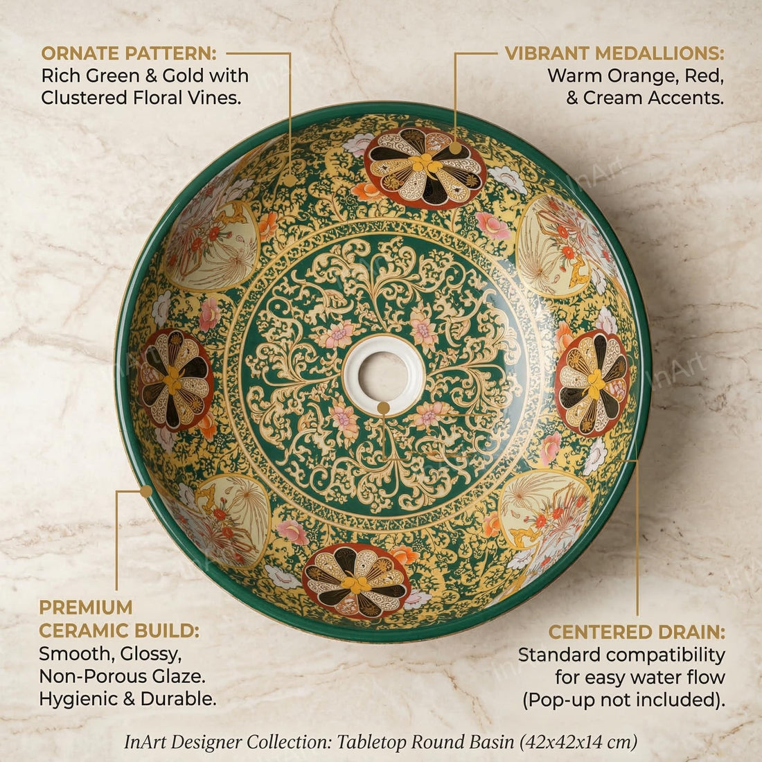 InArt ceramic table top wash basin design, square glossy green multi colour, front view