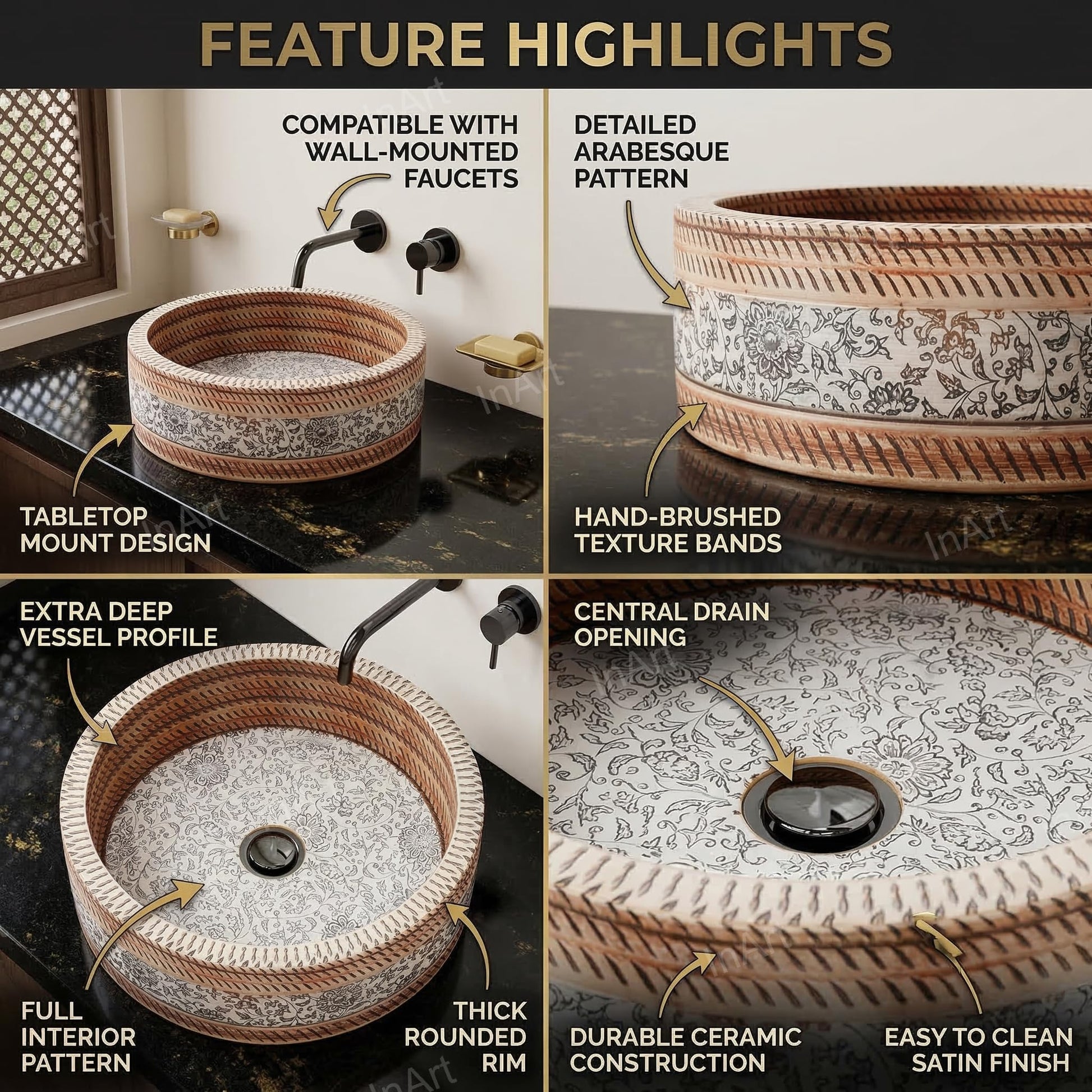 Side profile of round table top basin showing 14 cm height and smooth edges