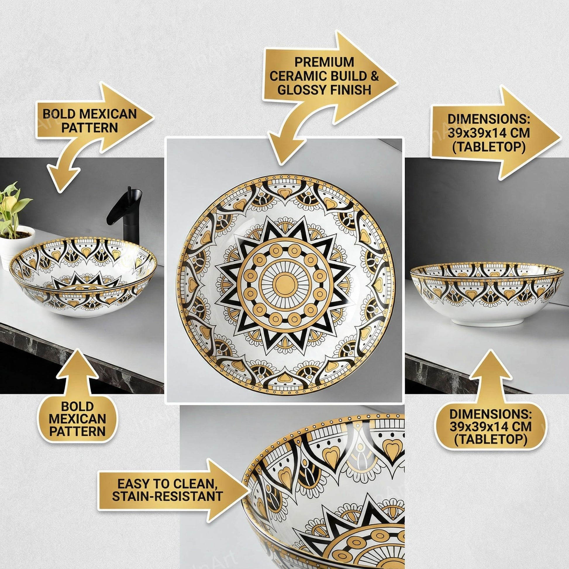 Designer ceramic wash basin designs, round table top basin in yellow Mexican pattern, side angle