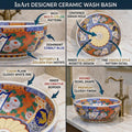 Table top basin design in square ceramic, Mexican pattern glossy finish, side angle view