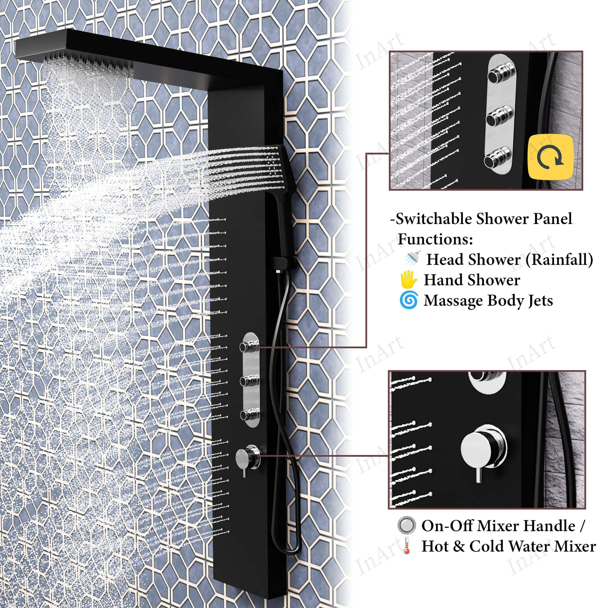InArt shower panel with handshower and waterfall outlet, close-up of hose connection and handset cradle