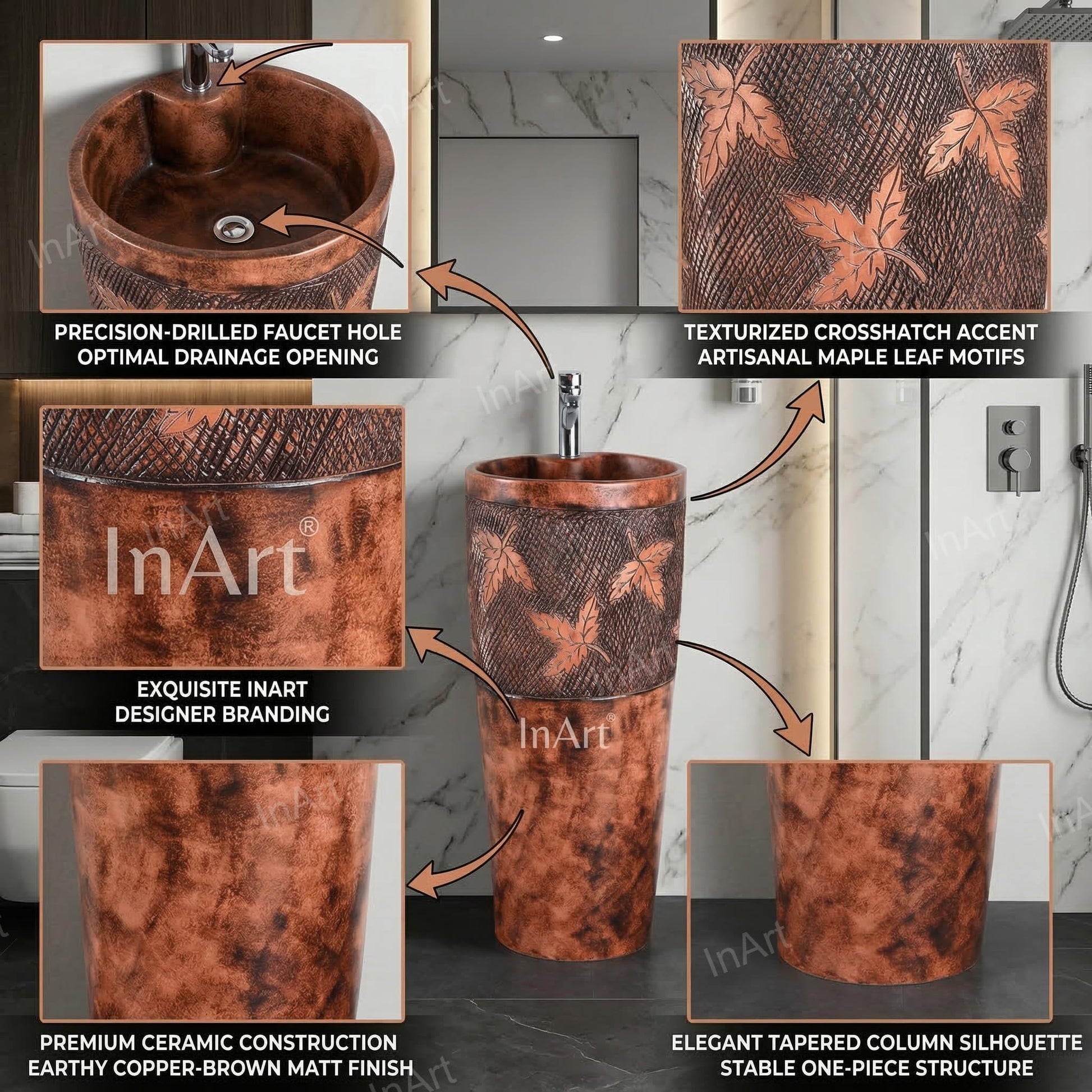 Modern round pedestal wash basin for bathroom, ceramic wash basin single piece, 3/4 angle view