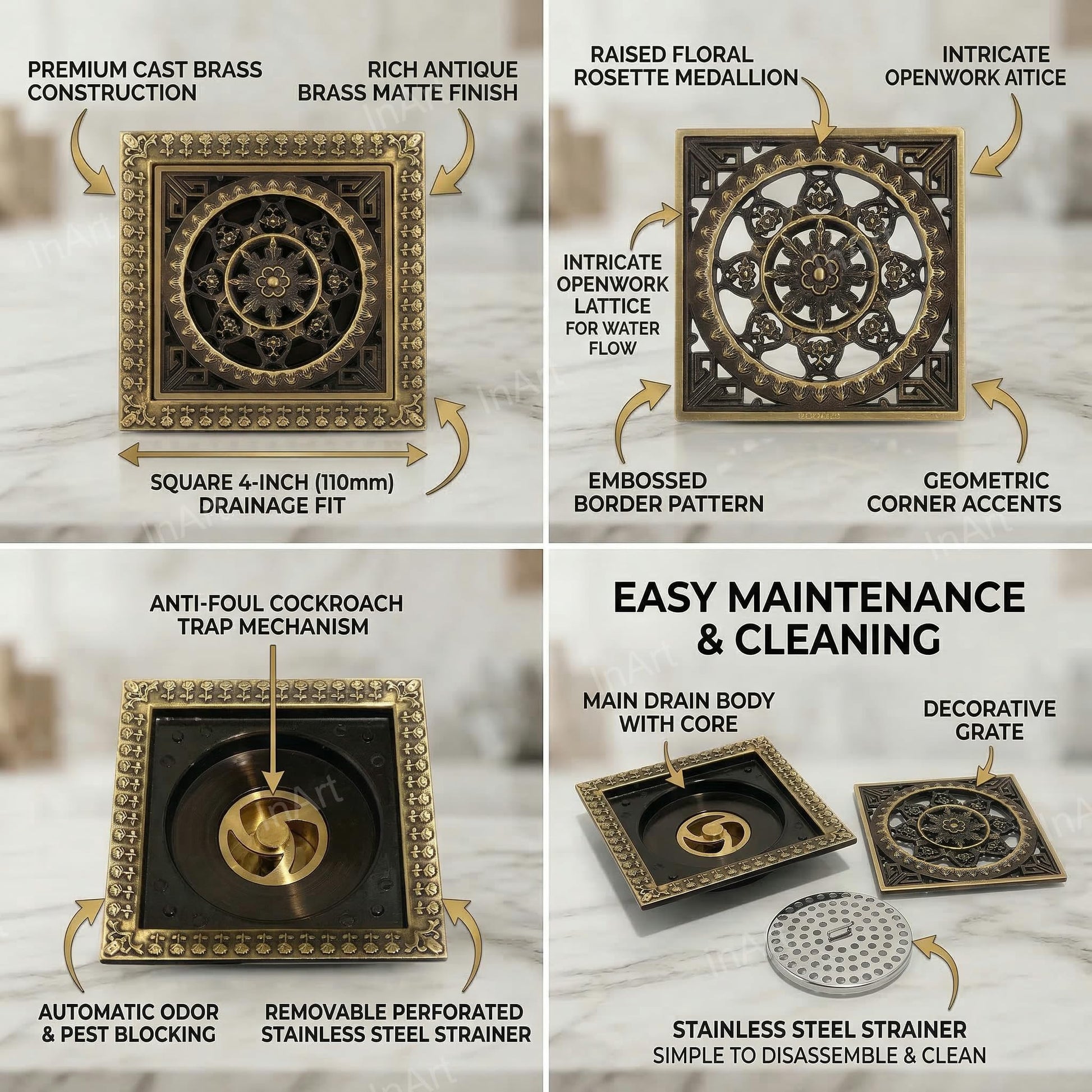 Bronze finish brass floor drain jali for bathroom and kitchen, side angle showing square frame