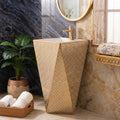 InArt designer pedestal wash basin in white and gold, modern bathroom sink design, angled view