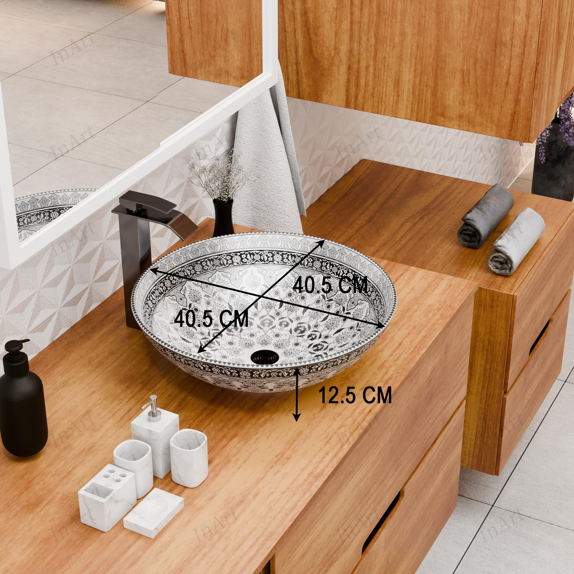 Designer table top basin design in multicolour Mexican ceramic, square wash basin angled view