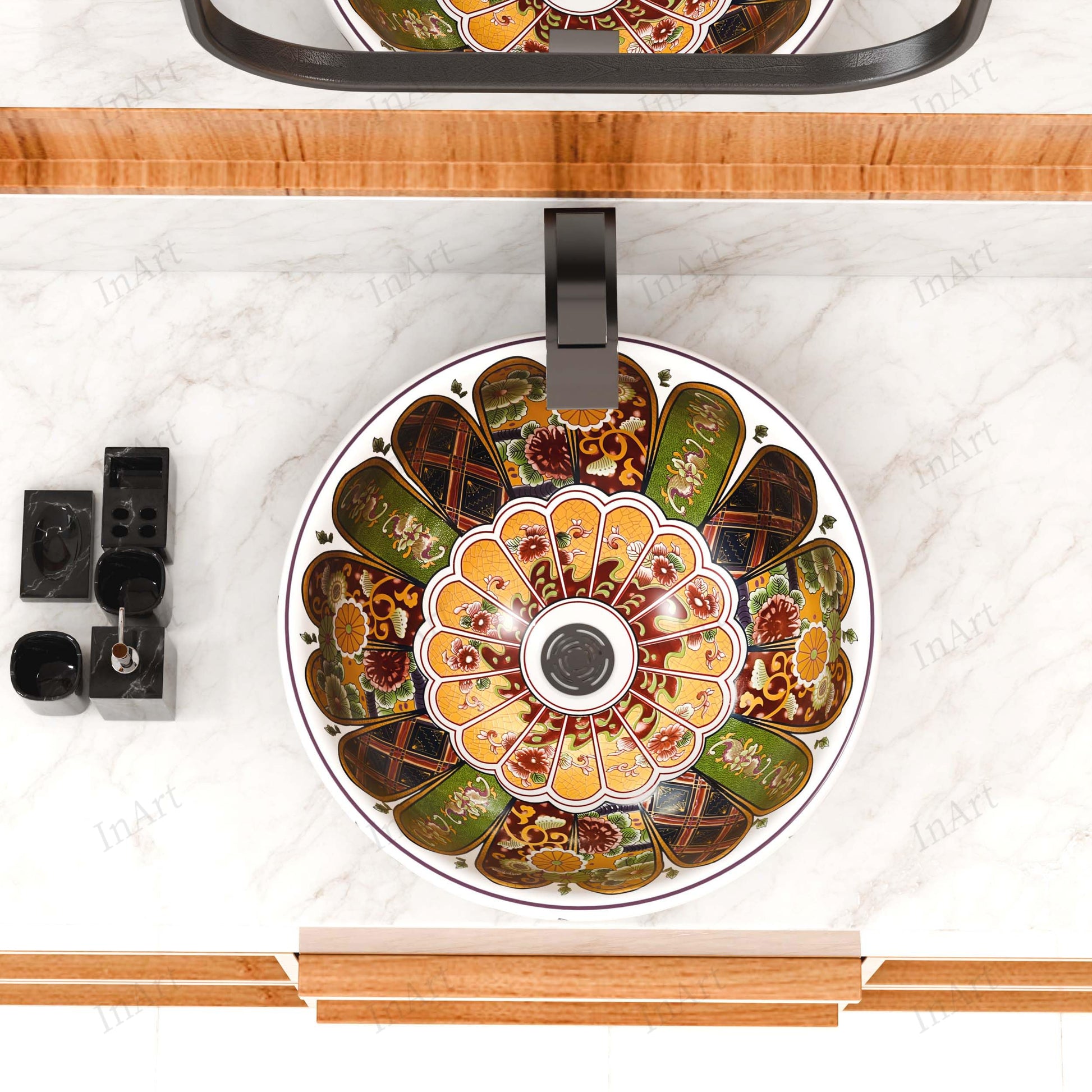 Printed ceramic wash basin with Moroccan artwork, round countertop wash basin for home, office or hotel washroom