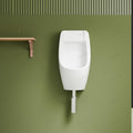 Ceramic wall mounted urinal in glossy white, rectangular profile view for modern bathroom washroom