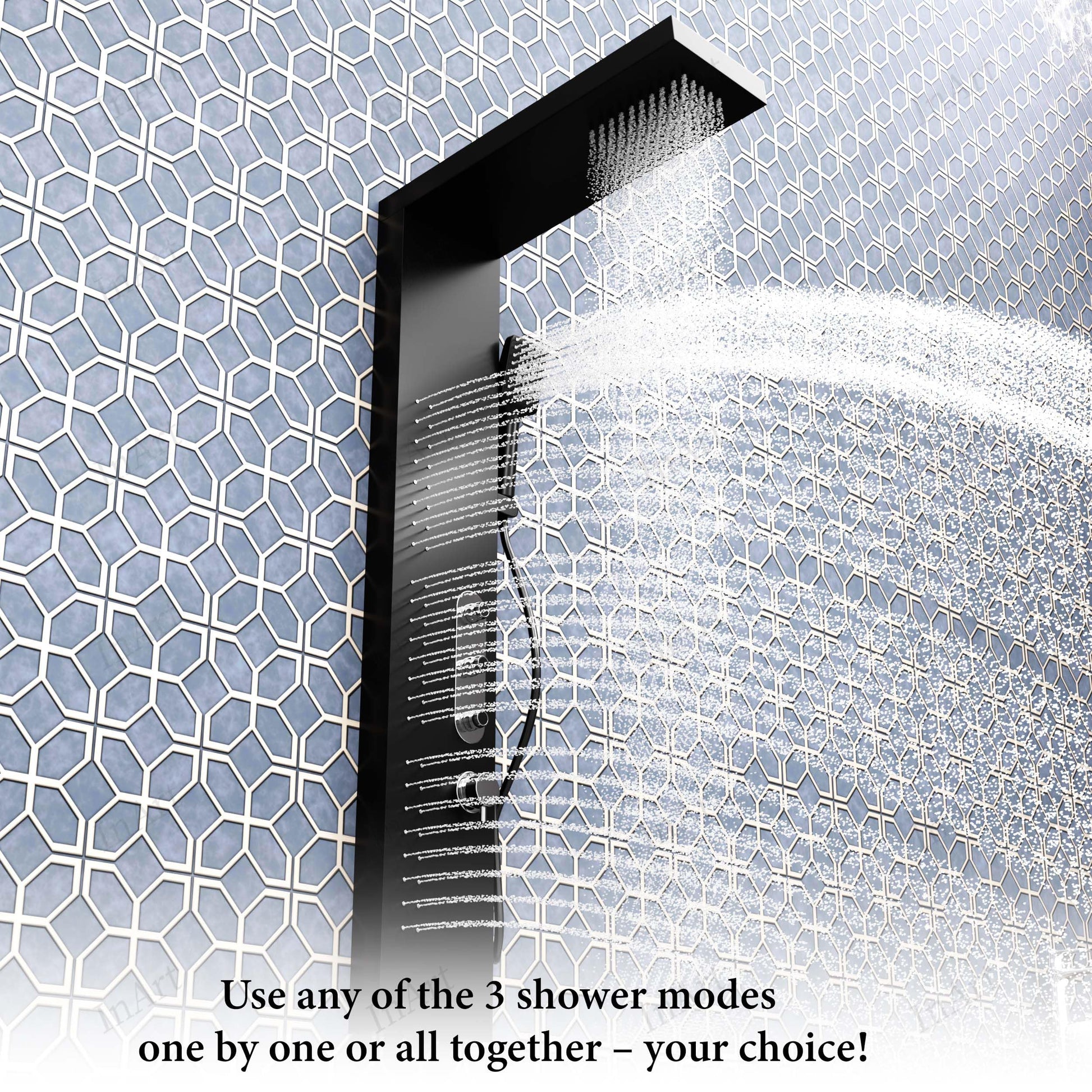 Matte black 4 in 1 shower system inspired by akdy 65 inch shower panel style, stainless steel wall panel