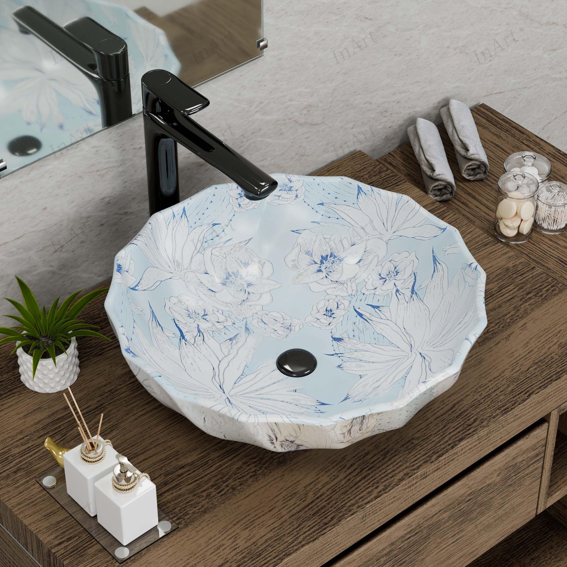 InArt ceramic table top wash basin, round 18 inch light blue glossy, ideal for modern bathroom interior
