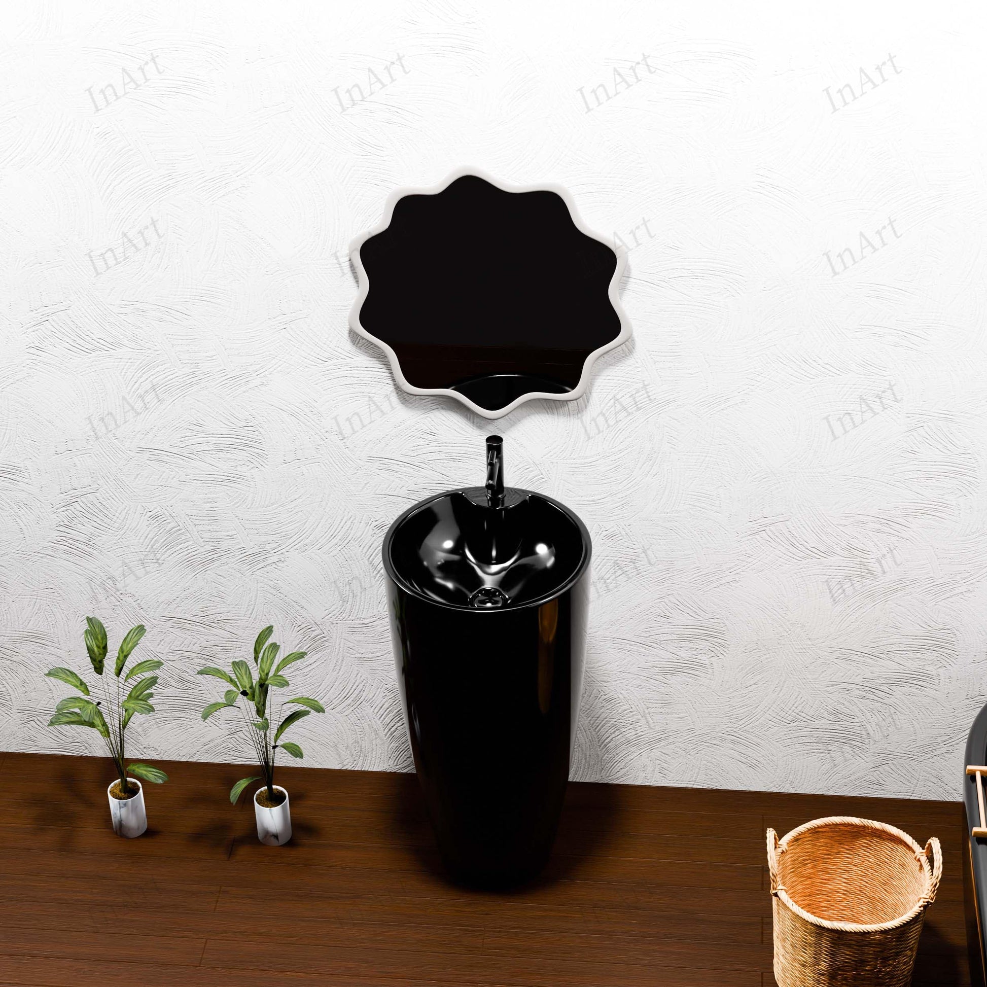 Round pedestal wash basin 38 cm in glossy black, compact modern pedestal sink for small bathrooms