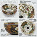 Table top wash basin round with Moroccan floral print, glossy ceramic rim and bowl, 3/4 angle view