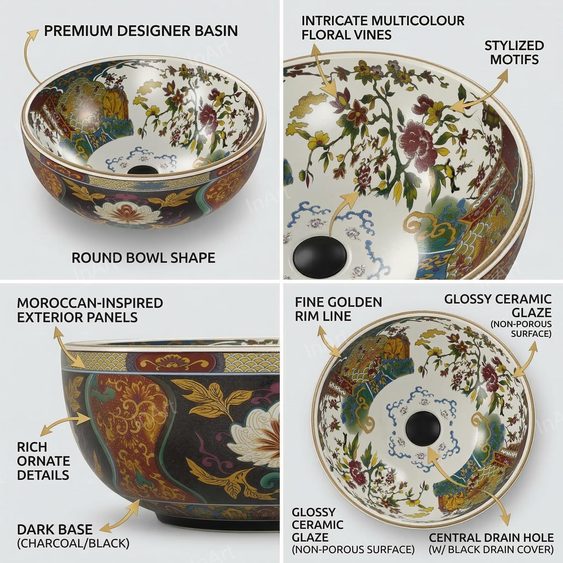Table top wash basin round with Moroccan floral print, glossy ceramic rim and bowl, 3/4 angle view