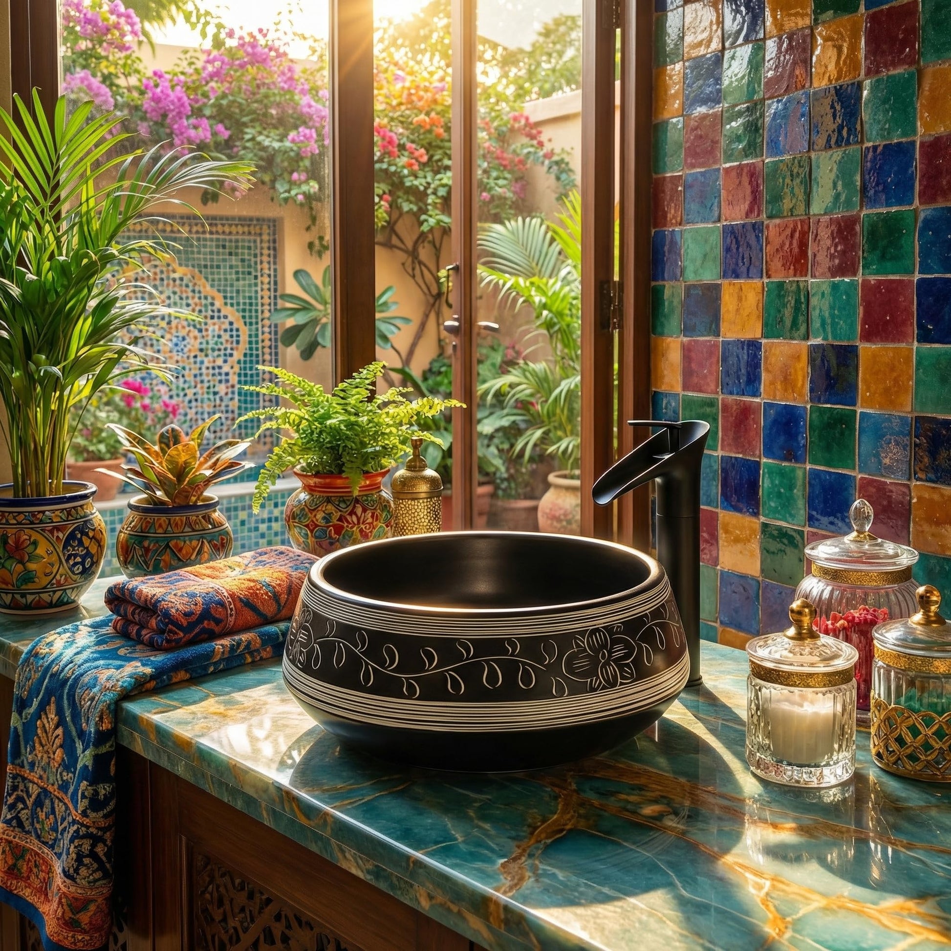 Modern wash basin design for bathroom, round black tabletop washbasin side angle with deep bowl