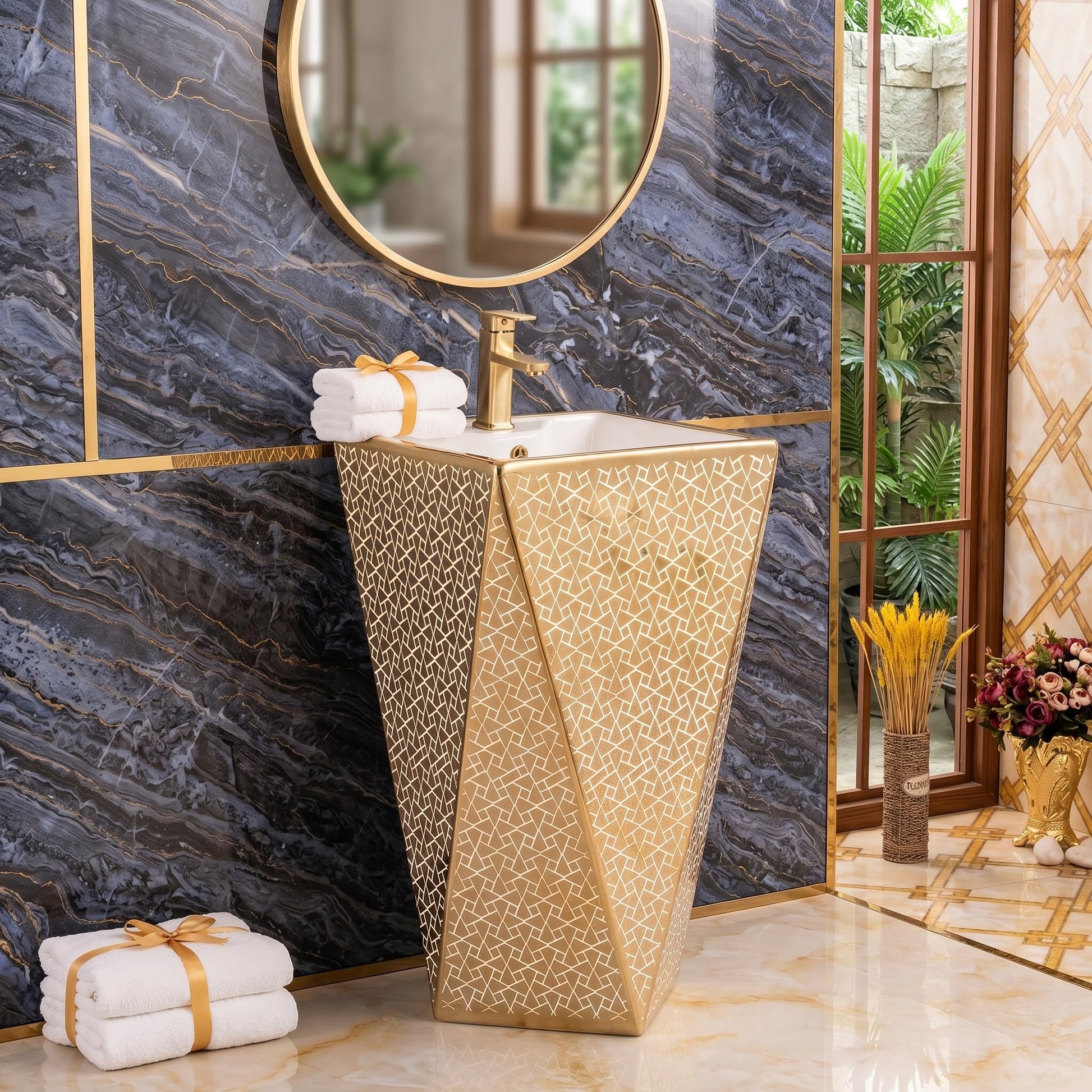 washbasindesign InArt round ceramic pedestal wash basin in glossy white and gold, front view
