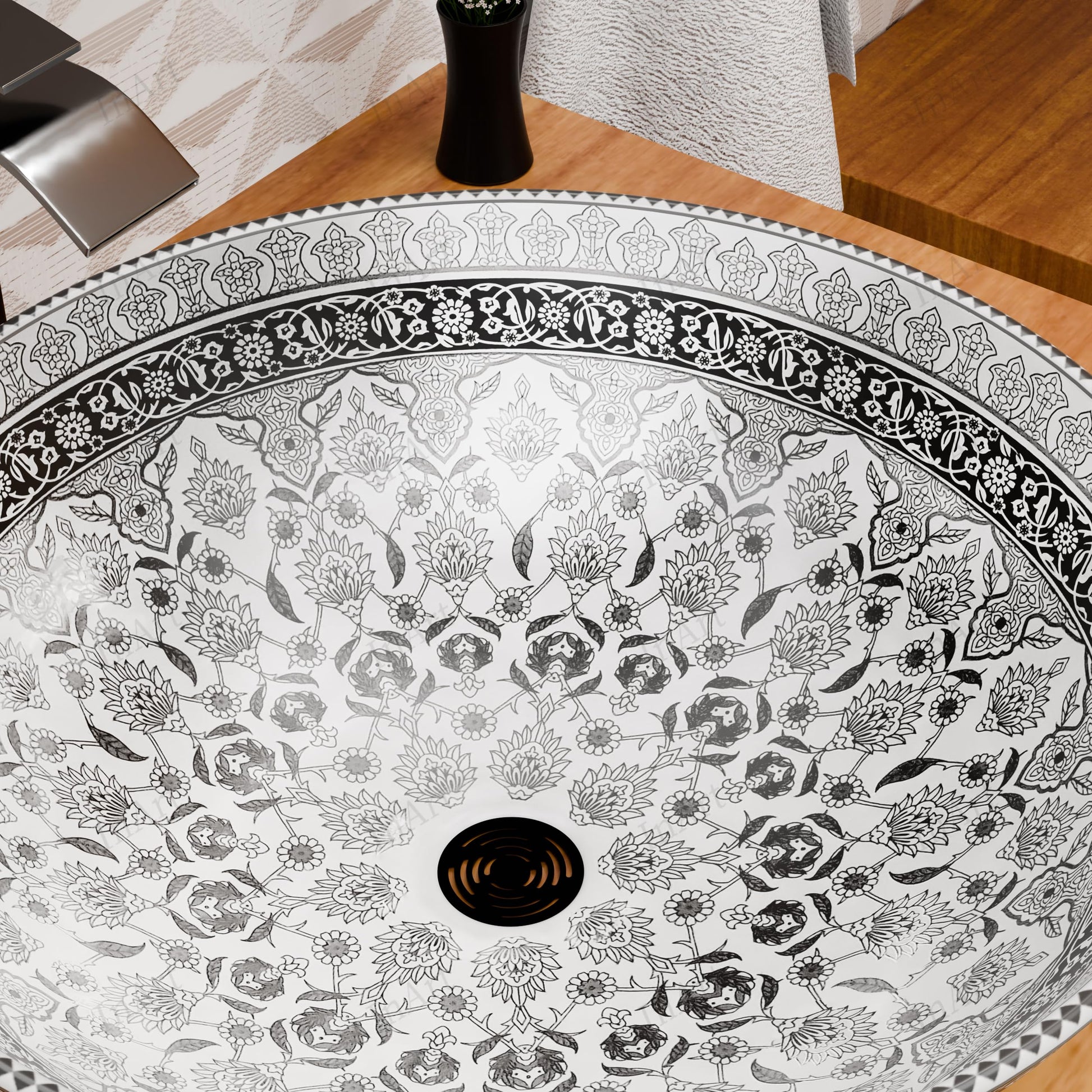 Table top wash basin counter design with square ceramic basin, glossy multicolour Mexican finish