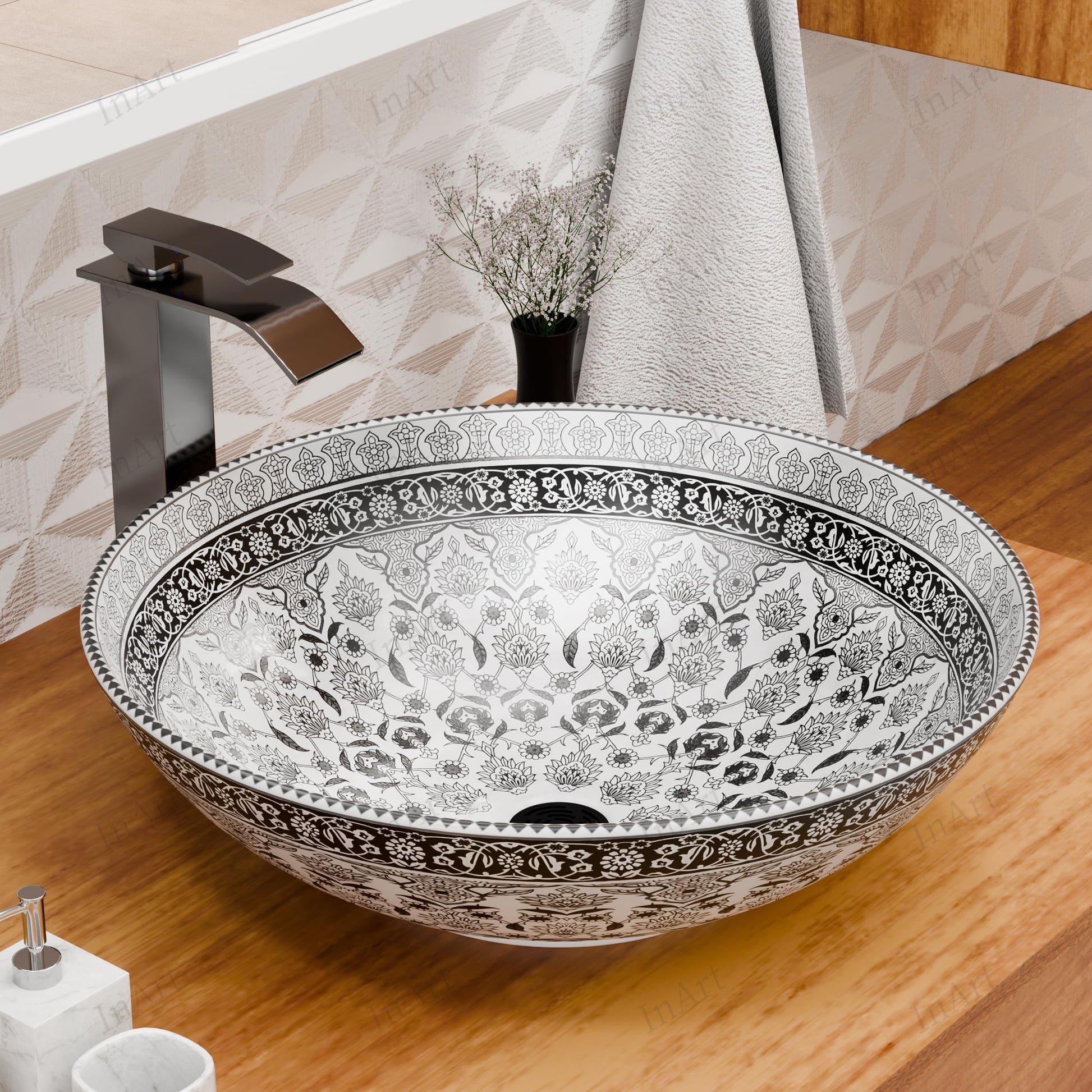 InArt ceramic table top wash basin design, square glossy Mexican pattern, 40.5 x 40.5 cm