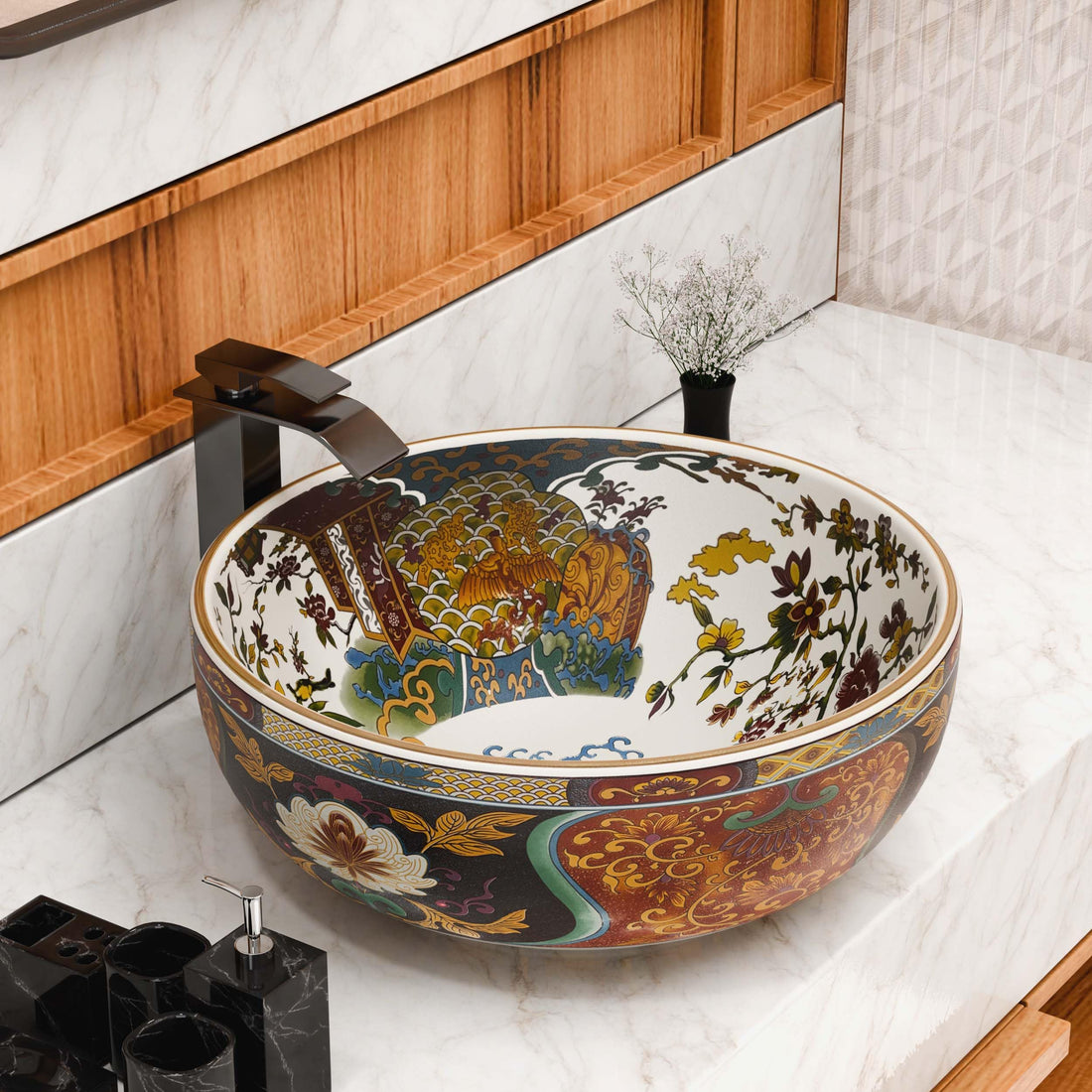 washbasindesign InArt ceramic round table top wash basin, multicolour floral glossy finish, front view