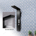 Wall mount shower panel tower system in matte black, rainfall shower head detail for modern bathroom interior