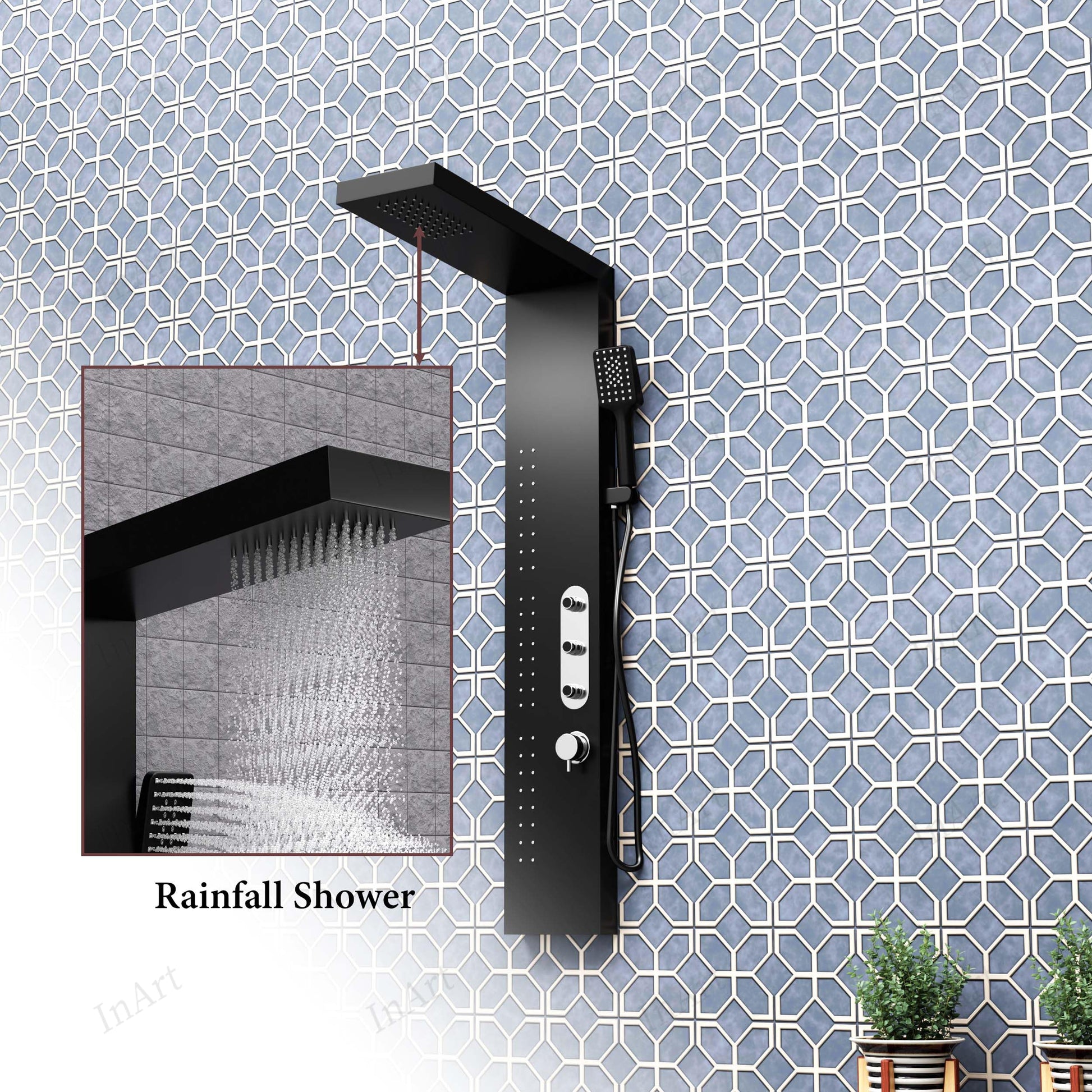 Wall mount shower panel tower system in matte black, rainfall shower head detail for modern bathroom interior