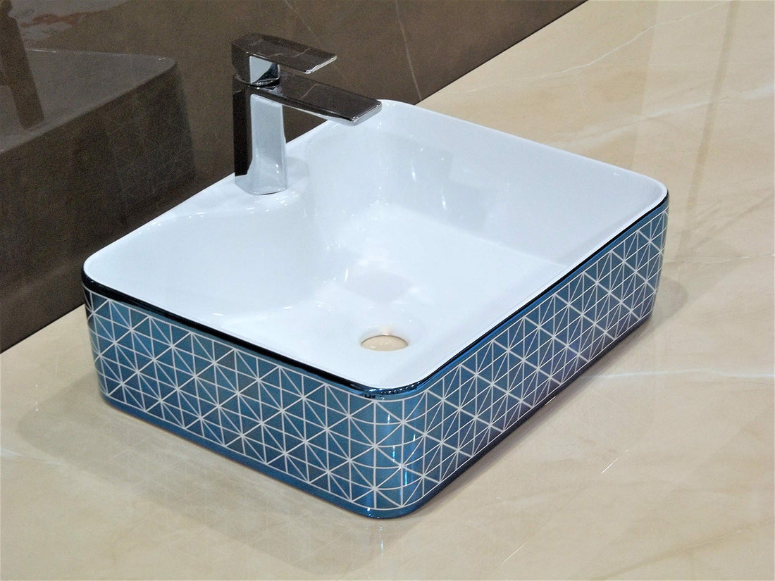 InArt ceramic table top wash basin with cabinet, rectangular glossy blue finish, front view