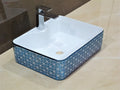 InArt ceramic table top wash basin with cabinet, rectangular glossy blue finish, front view