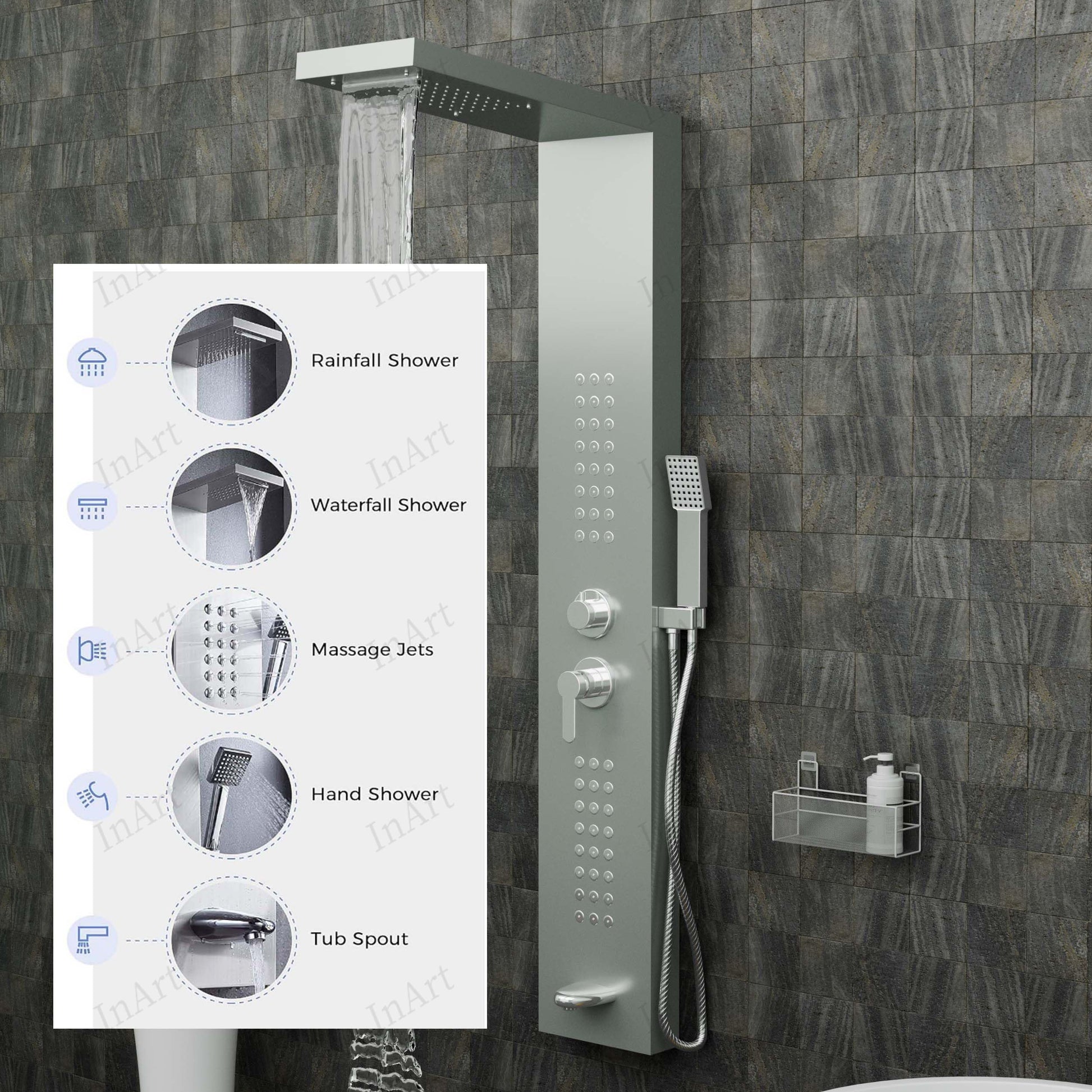 InArt wall mount shower panel set installed in modern bathroom, rainfall shower head and body jets in use