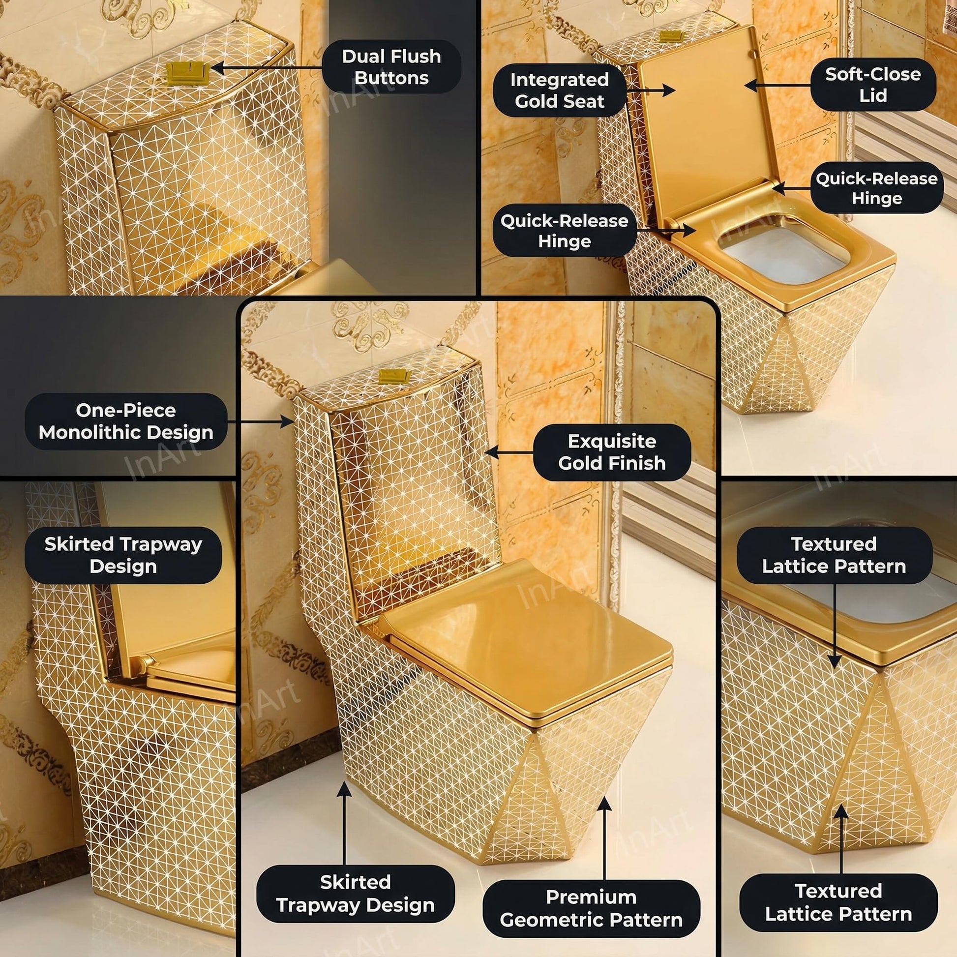 Modern bathroom commode design in gold, ceramic one piece water closet with soft close seat, side angle