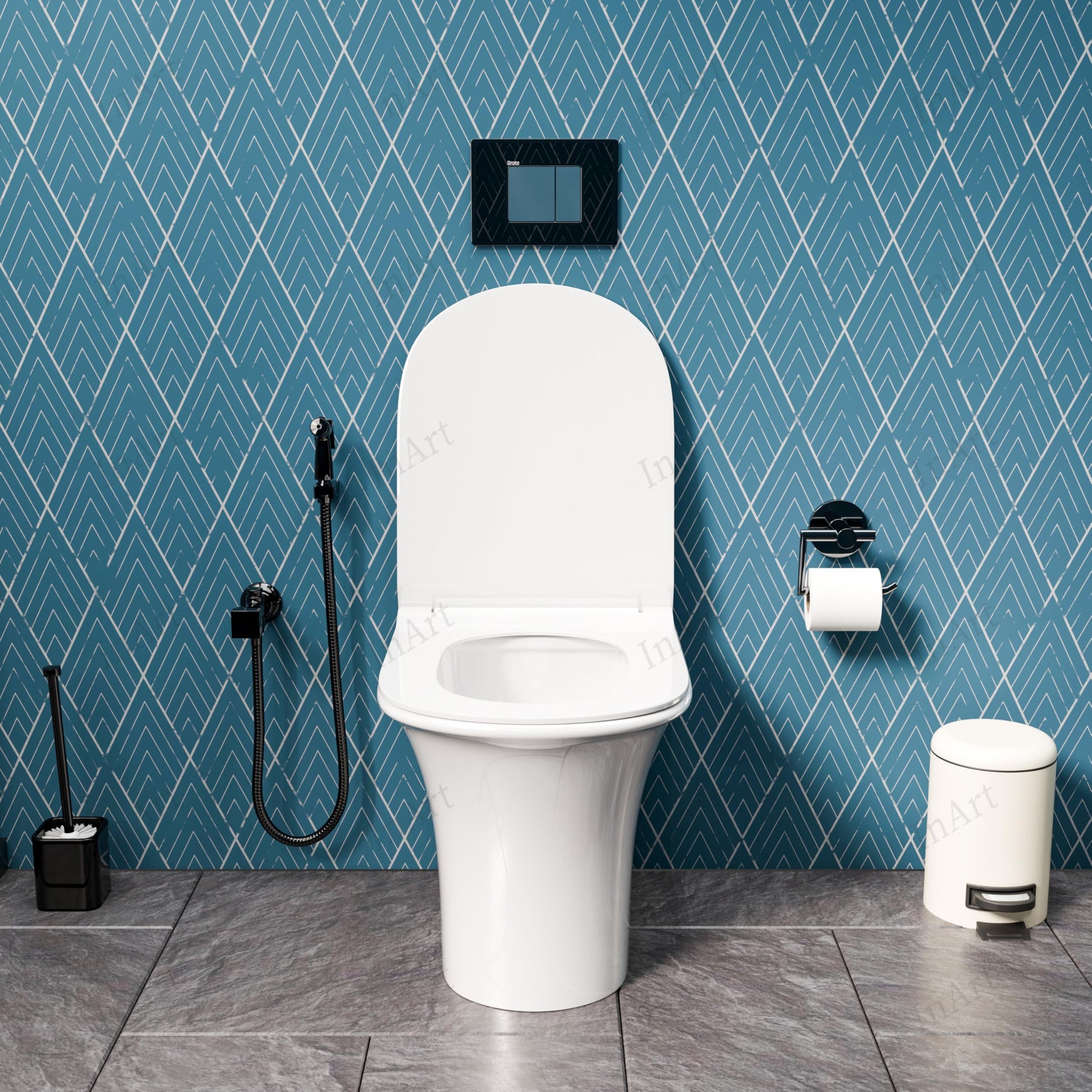 InArt compact western toilet for small bathroom, comfort height rimless WC pan with soft close seat in white