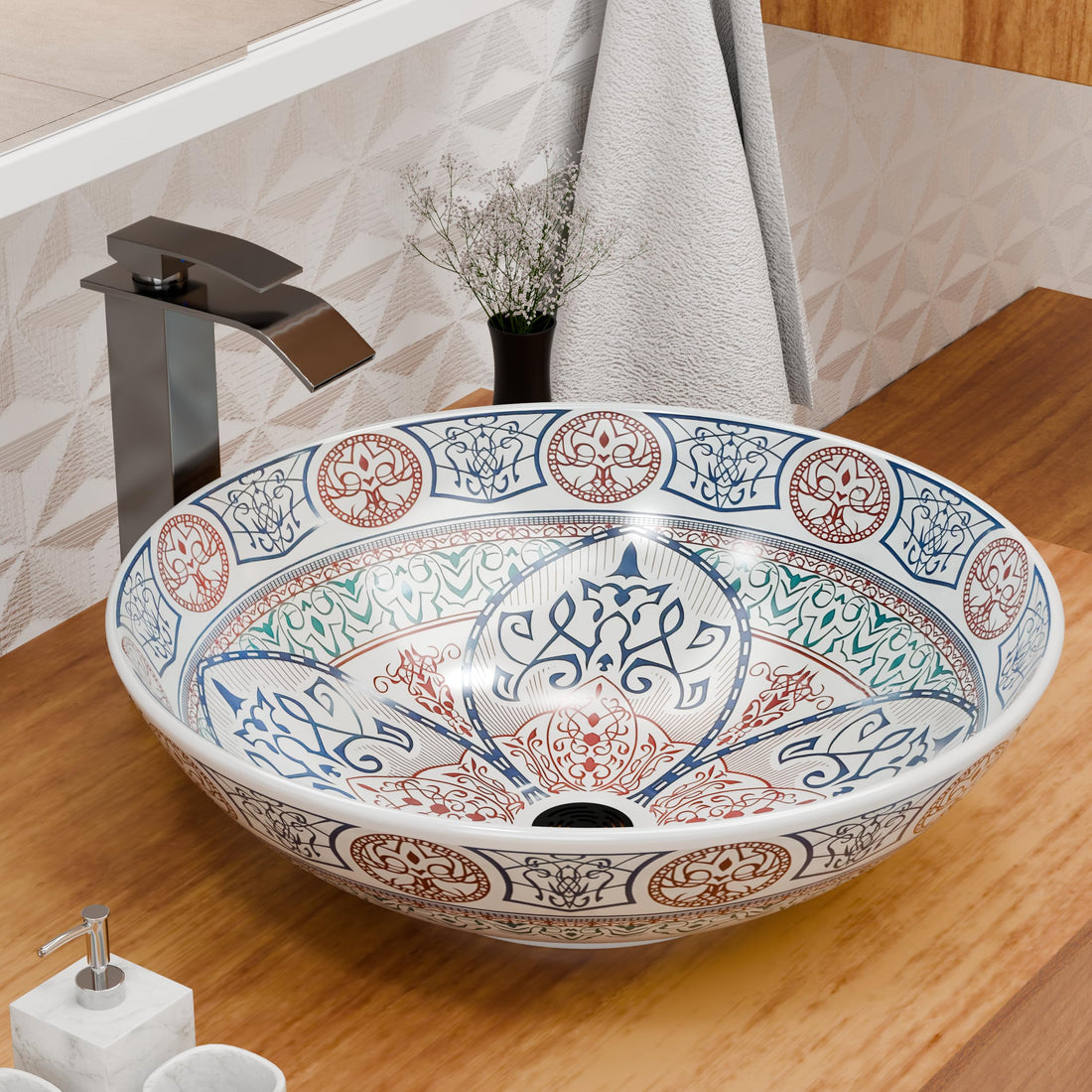 InArt ceramic table top wash basin, square blue glazed Mexican design, main front view