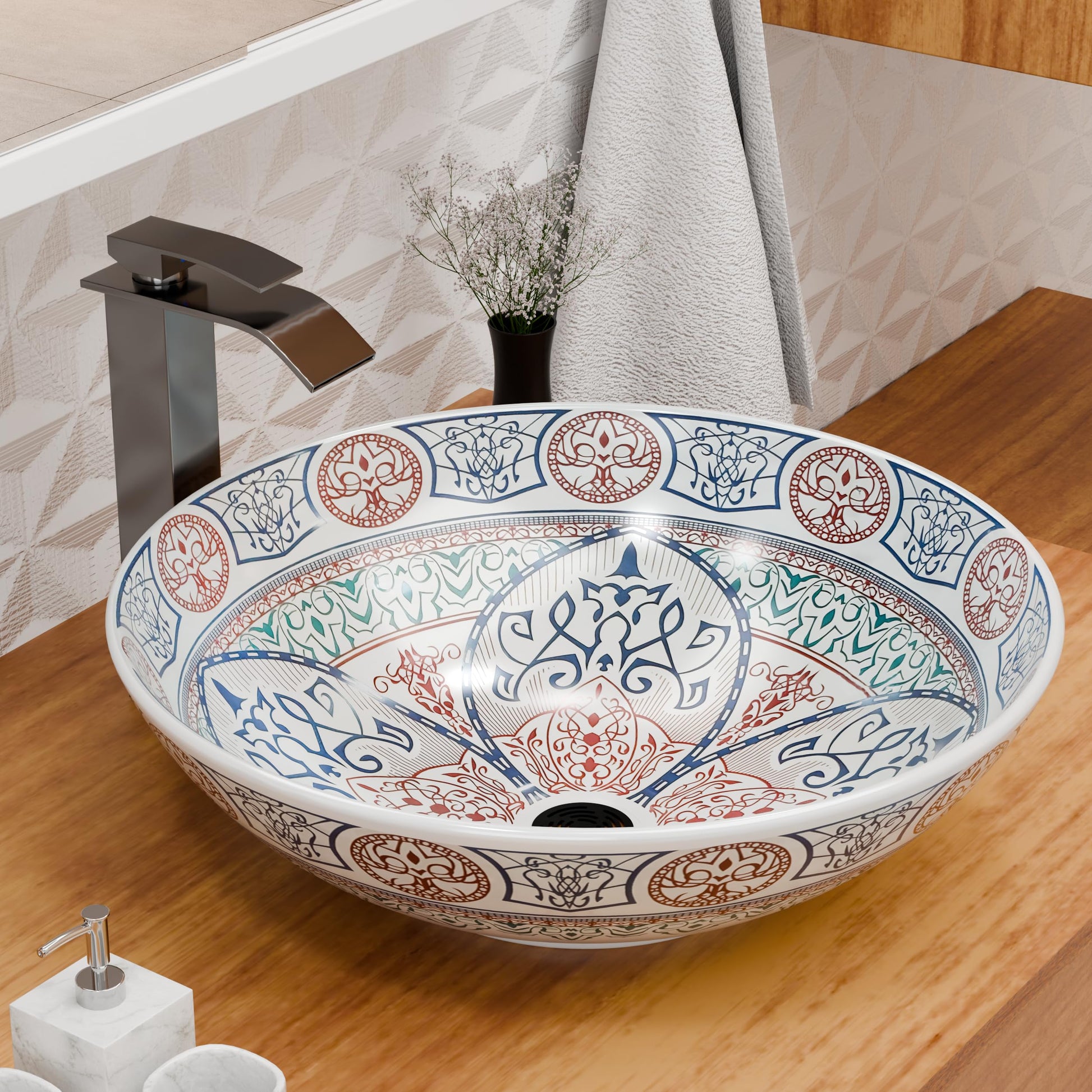 InArt ceramic table top wash basin, square blue glazed Mexican design, main front view