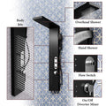 Matte black shower panel with mixer, side angle view showing waterfall outlet and handshower holder