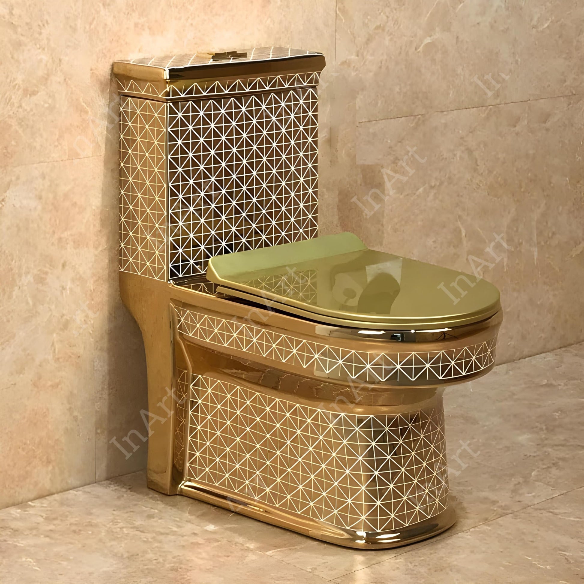 Close-up of soft close toilet seat on gold one piece commode, smooth ceramic finish and oval bowl