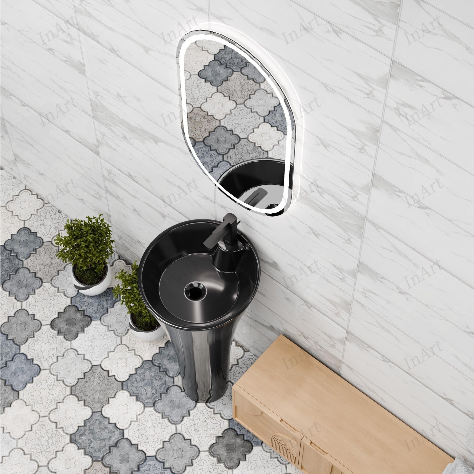 Wash basin for living room in matte black, free standing ceramic pedestal basin for premium handwash area