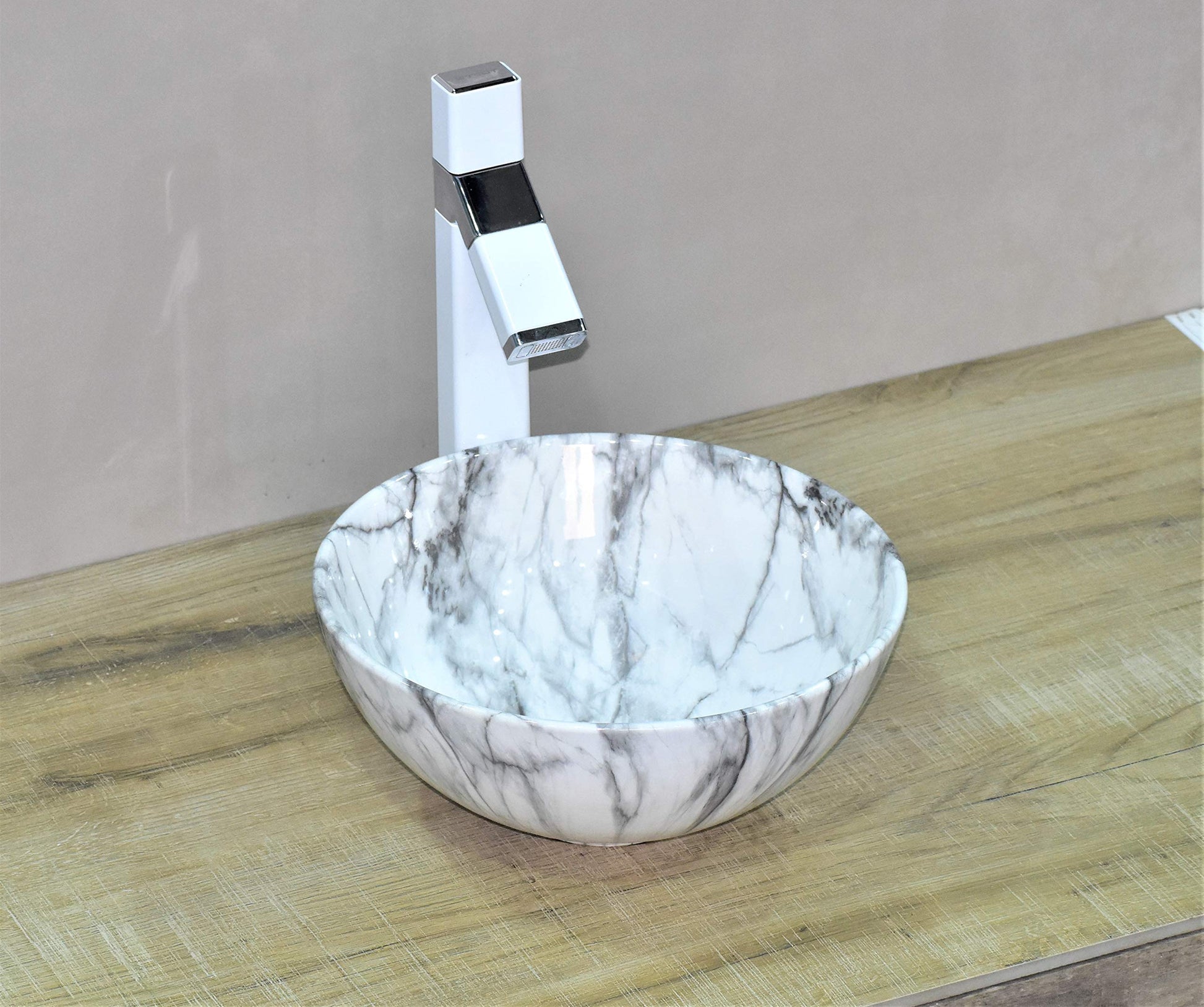 InArt table top basin design, ceramic square marble finish, side angle showing rim and depth