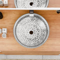 Modern table top wash basin design for bathroom, glossy patterned ceramic square basin side view